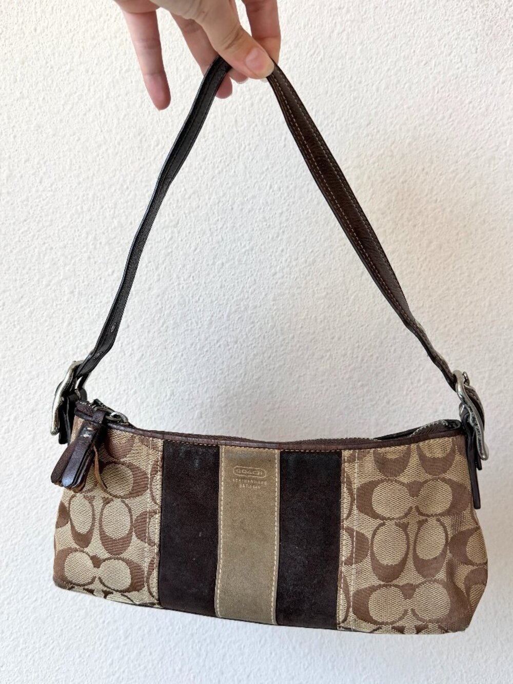 Coach Y2K Signature Suede Stripe East West Baguette Bag